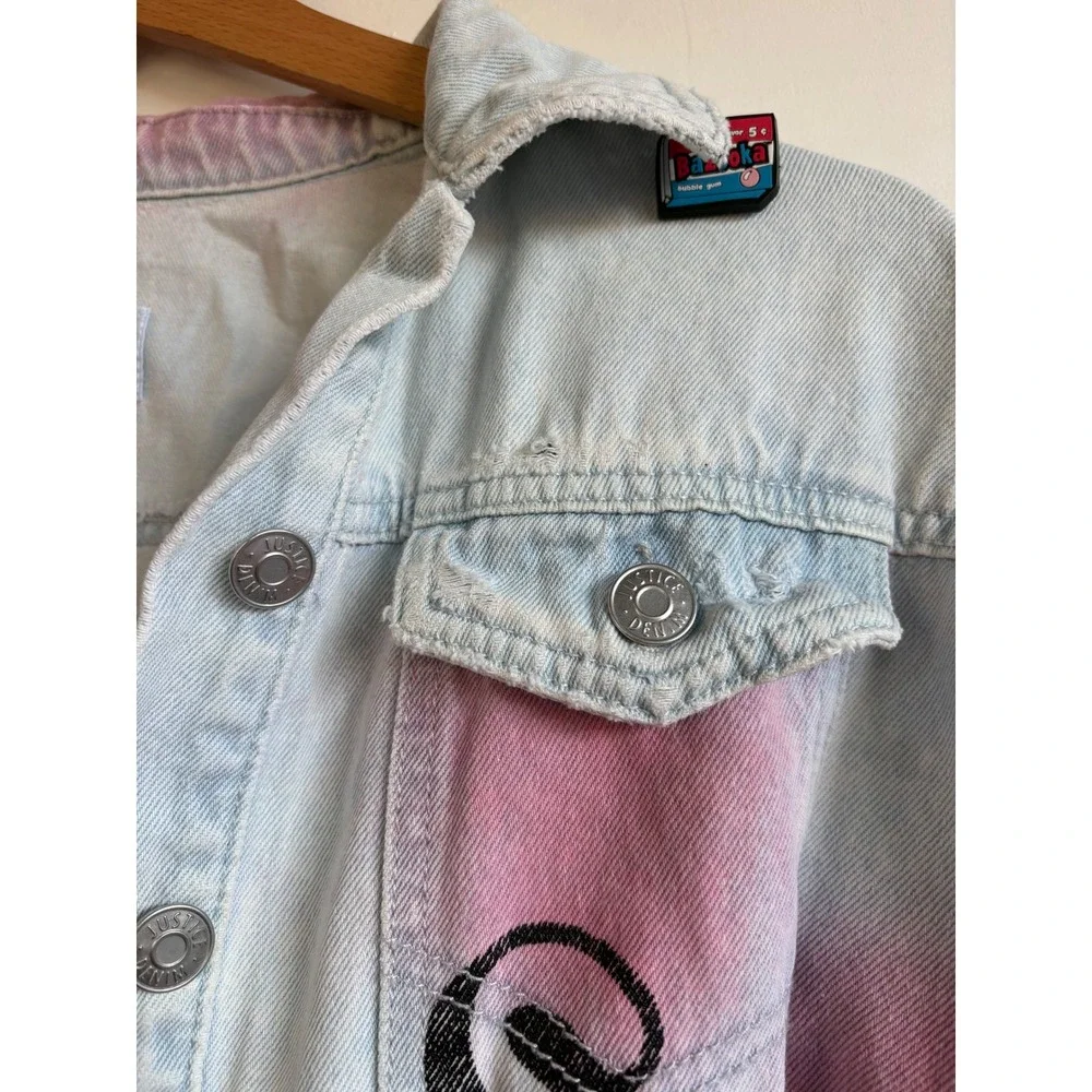 Justice Girls Denim Jacket Bazooka Ring Pop Tie Dye Graphic Distressed L 12/14
